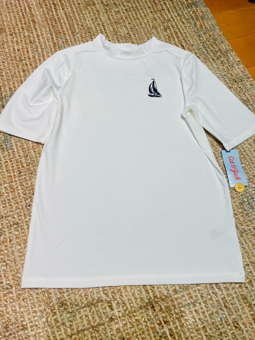 Cat & Jack Boys Kids White Sail Boat Swim Top Rash guard UPF 50 XL 16 NWT